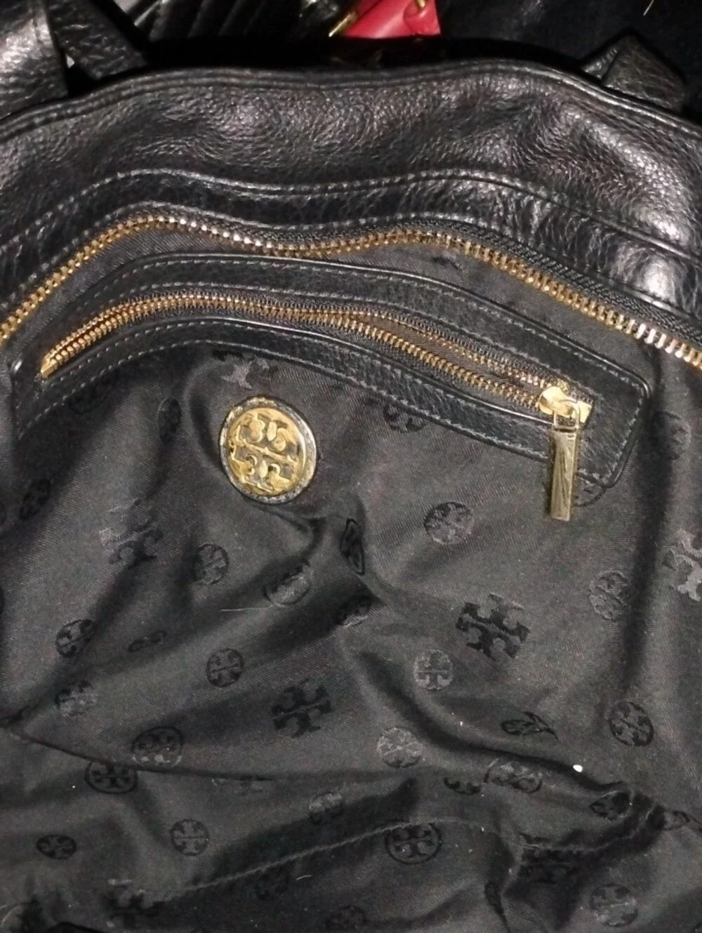 Tory Burch Black Leather Tote with Gold Logo Accent